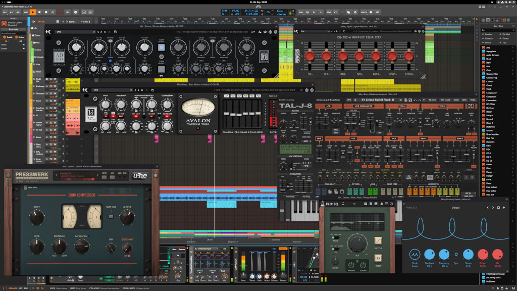 Screen grab of a modern Linux based DAW (in this case Bitwig Studio) and a bunch of native Linux plugins running on Arch Linux GNOME.