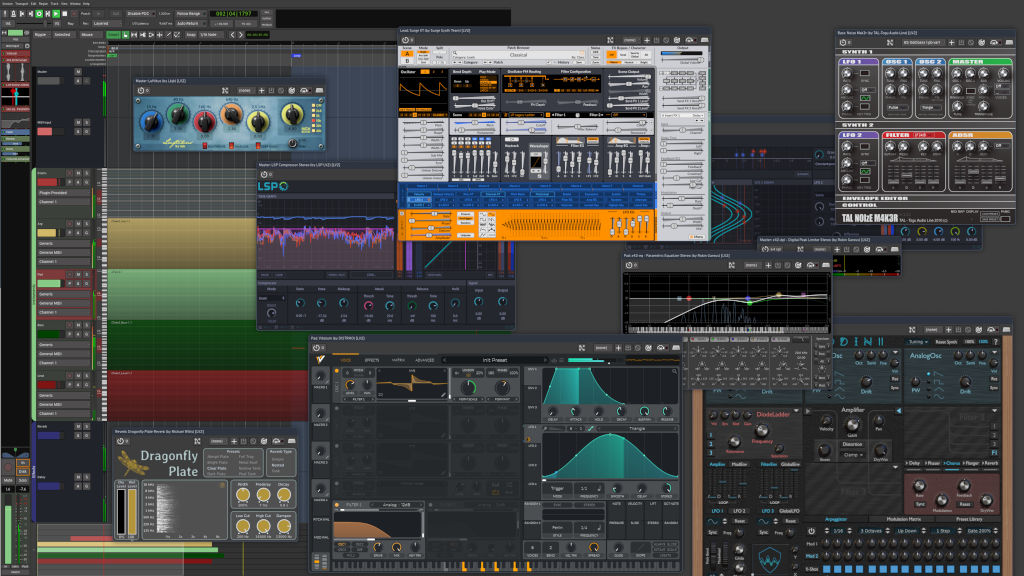 Ardour with a bunch of native (mostly FOSS) Linux plugins running on NixOS SwayFX (by Vivien)